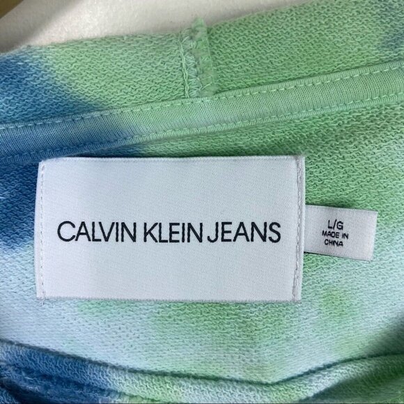 Calvin Klein Tie Dye Hoodie Size Large Blue Green Hooded Sweatshirt Cotton Crop - Picture 2 of 12